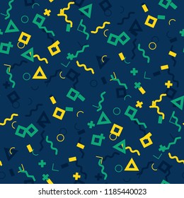 Seamless Memphis Pattern. Abstract Colorful Texture with Lines and Geometric Figures for Print, Fabric, Cloth. Vintage Seamless Multicolor Background in Memphis Style for your Design. Vector.