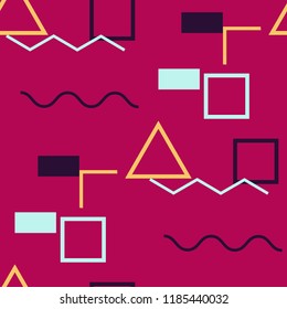 Seamless Memphis Pattern. Abstract Colorful Texture with Lines and Geometric Figures for Chintz, Linen, Paper. Trendy Seamless Multicolor Background in Memphis Style for your Design. Vector.