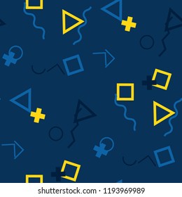 Seamless Memphis Pattern. Abstract Colorful Texture with Lines and Geometric Figures for Dress, Paper, Tablecloth. Retro Seamless Multicolor Background in Memphis Style for your Design. Vector.