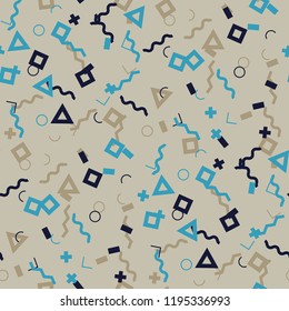 Seamless Memphis Pattern. Abstract Colorful Texture with Lines and Geometric Figures for Wallpaper, Fabric, Print. Trendy Seamless Multicolor Background in Memphis Style for your Design. Vector.