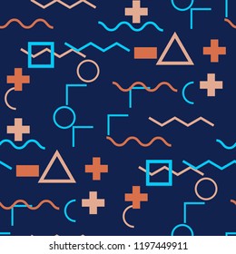 Seamless Memphis Pattern. Abstract Colorful Texture with Lines and Geometric Figures for Fabric, Cloth, Textile. Retro Seamless Multicolor Background in Memphis Style for your Design. Vector.