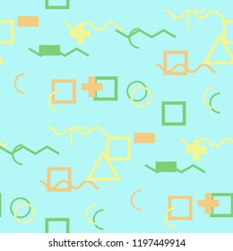 Seamless Memphis Pattern. Abstract Colorful Texture with Lines and Geometric Figures for Dress, Curtain, Tablecloth. Modern Seamless Multicolor Background in Memphis Style for your Design. Vector.