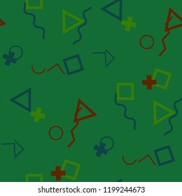 Seamless Memphis Pattern. Abstract Colorful Texture with Lines and Geometric Figures for Dress, Paper, Tablecloth. Vintage Seamless Multicolor Background in Memphis Style for your Design. Vector.