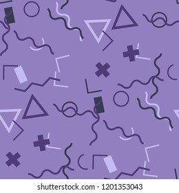 Seamless Memphis Pattern. Abstract Colorful Texture with Lines and Geometric Figures for Cotton, Print, Calico. Trendy Seamless Multicolor Background in Memphis Style for your Design. Vector.