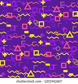 Seamless Memphis Pattern. Abstract Colorful Texture with Lines and Geometric Figures for Wallpaper, Fabric, Textile. Vintage Seamless Multicolor Background in Memphis Style for your Design. Vector.