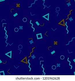 Seamless Memphis Pattern. Abstract Colorful Texture with Lines and Geometric Figures for Print, Fabric, Textile. Retro Seamless Multicolor Background in Memphis Style for your Design. Vector.