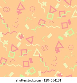Seamless Memphis Pattern. Abstract Colorful Texture with Lines and Geometric Figures for Dress, Paper, Tablecloth. Modern Seamless Multicolor Background in Memphis Style for your Design. Vector.