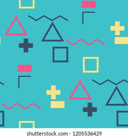 Seamless Memphis Pattern. Abstract Colorful Texture with Lines and Geometric Figures for Print, Fabric, Textile.  Retro Seamless Multicolor Background in Memphis Style for your Design. Vector.