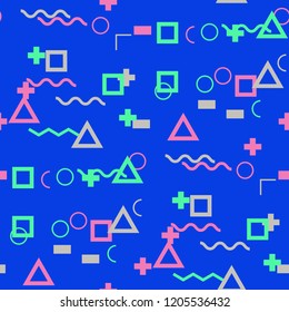 Seamless Memphis Pattern. Abstract Colorful Texture with Lines and Geometric Figures for Print, Cloth, Textile. Vintage Seamless Multicolor Background in Memphis Style for your Design. Vector.