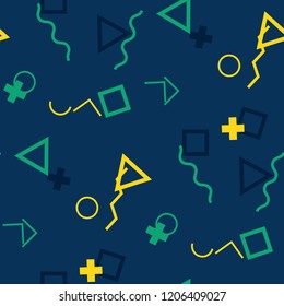 Seamless Memphis Pattern. Abstract Colorful Texture with Lines and Geometric Figures for Cotton, Print, Textile. Retro Seamless Multicolor Background in Memphis Style for your Design. Vector.