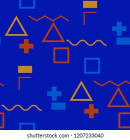 Seamless Memphis Pattern. Abstract Colorful Texture with Lines and Geometric Figures for Print, Fabric, Textile.  Vintage Seamless Multicolor Background in Memphis Style for your Design. Vector.