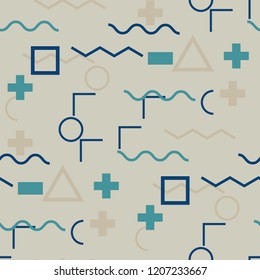 Seamless Memphis Pattern. Abstract Colorful Texture with Lines and Geometric Figures for Print, Cloth, Fabric. Modern Seamless Multicolor Background in Memphis Style for your Design. Vector.