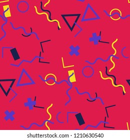 Seamless Memphis Pattern. Abstract Colorful Texture with Lines and Geometric Figures for Wallpaper, Cotton, Textile. Modern Seamless Multicolor Background in Memphis Style for your Design. Vector.
