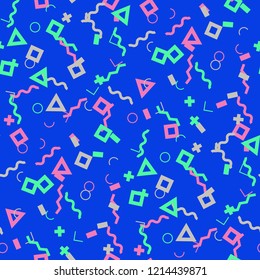 Seamless Memphis Pattern. Abstract Colorful Texture with Lines and Geometric Figures for Print, Cloth, Textile. Vintage Seamless Multicolor Background in Memphis Style for your Design. Vector.