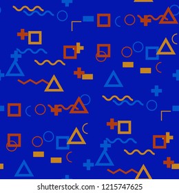 Seamless Memphis Pattern. Abstract Colorful Texture with Lines and Geometric Figures for Wallpaper, Fabric, Print. Vintage Seamless Multicolor Background in Memphis Style for your Design. Vector.