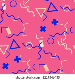 Seamless Memphis Pattern. Abstract Colorful Texture with Lines and Geometric Figures for Fabric, Cloth, Textile. Retro Seamless Multicolor Background in Memphis Style for your Design. Vector.