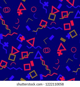 Seamless Memphis Pattern. Abstract Colorful Texture with Lines and Geometric Figures for Wallpaper, Fabric, Print. Modern Seamless Multicolor Background in Memphis Style for your Design. Vector.