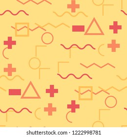 Seamless Memphis Pattern. Abstract Colorful Texture with Lines and Geometric Figures for Wallpaper, Cotton, Textile. Trendy Seamless Multicolor Background in Memphis Style for your Design. Vector.