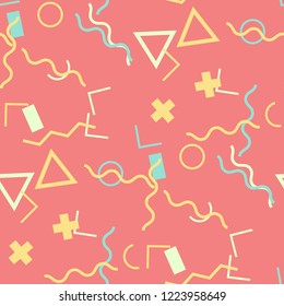 Seamless Memphis Pattern. Abstract Colorful Texture with Lines and Geometric Figures for Wallpaper, Print, Textile. Modern Seamless Multicolor Background in Memphis Style for your Design. Vector.
