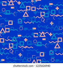 Seamless Memphis Pattern. Abstract Colorful Texture with Lines and Geometric Figures for Print, Fabric, Cloth. Vintage Seamless Multicolor Background in Memphis Style for your Design. Vector.