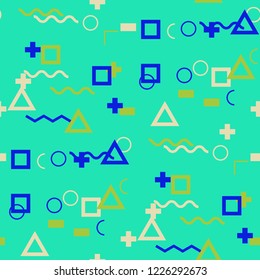 Seamless Memphis Pattern. Abstract Colorful Texture with Lines and Geometric Figures for Dress, Paper, Tablecloth. Vintage Seamless Multicolor Background in Memphis Style for your Design. Vector.