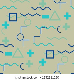 Seamless Memphis Pattern. Abstract Colorful Texture with Lines and Geometric Figures for Dress, Curtain, Paper. Trendy Seamless Multicolor Background in Memphis Style for your Design. Vector.