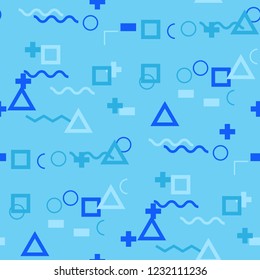 Seamless Memphis Pattern. Abstract Colorful Texture with Lines and Geometric Figures for Dress, Curtain, Tablecloth. Modern Seamless Multicolor Background in Memphis Style for your Design. Vector.