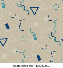 Seamless Memphis Pattern. Abstract Colorful Texture with Lines and Geometric Figures for Print, Cloth, Fabric. Retro Seamless Multicolor Background in Memphis Style for your Design. Vector.