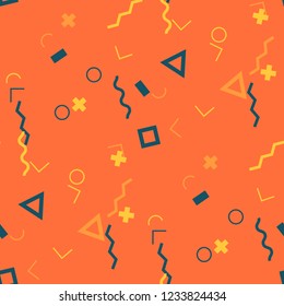 Seamless Memphis Pattern. Abstract Colorful Texture with Lines and Geometric Figures for Cotton, Print, Calico. Retro Seamless Multicolor Background in Memphis Style for your Design. Vector.