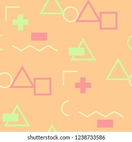 Seamless Memphis Pattern. Abstract Colorful Texture with Lines and Geometric Figures for Wallpaper, Print, Cotton. Vintage Seamless Multicolor Background in Memphis Style for your Design. Vector.