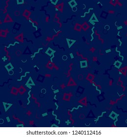 Seamless Memphis Pattern. Abstract Colorful Texture with Lines and Geometric Figures for Dress, Paper, Tablecloth. Vintage Seamless Multicolor Background in Memphis Style for your Design. Vector.