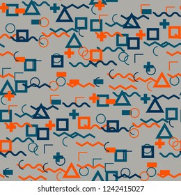 Seamless Memphis Pattern. Abstract Colorful Texture with Lines and Geometric Figures for Linen, Paper, Tablecloth. Trendy Seamless Multicolor Background in Memphis Style for your Design. Vector.