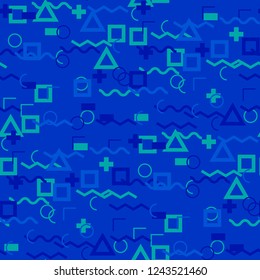 Seamless Memphis Pattern. Abstract Colorful Texture with Lines and Geometric Figures for Linen, Paper, Tablecloth. Retro Seamless Multicolor Background in Memphis Style for your Design. Vector.