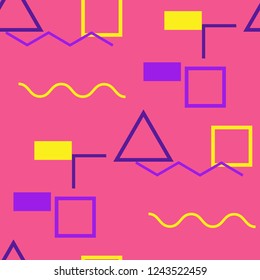 Seamless Memphis Pattern. Abstract Colorful Texture with Lines and Geometric Figures for Dress, Curtain, Paper. Retro Seamless Multicolor Background in Memphis Style for your Design. Vector.