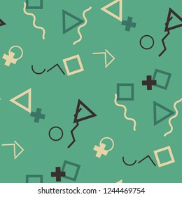 Seamless Memphis Pattern. Abstract Colorful Texture with Lines and Geometric Figures for Cotton, Print, Textile. Trendy Seamless Multicolor Background in Memphis Style for your Design. Vector.