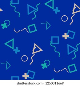 Seamless Memphis Pattern. Abstract Colorful Texture with Lines and Geometric Figures for Print, Fabric, Textile.  Retro Seamless Multicolor Background in Memphis Style for your Design. Vector.