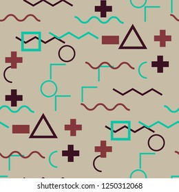 Seamless Memphis Pattern. Abstract Colorful Texture with Lines and Geometric Figures for Fabric, Cloth, Textile. Modern Seamless Multicolor Background in Memphis Style for your Design. Vector.