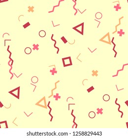Seamless Memphis Pattern. Abstract Colorful Texture with Lines and Geometric Figures for Print, Fabric, Textile. Retro Seamless Multicolor Background in Memphis Style for your Design. Vector.
