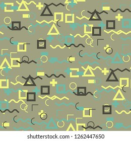Seamless Memphis Pattern. Abstract Colorful Texture with Lines and Geometric Figures for Linen, Paper, Tablecloth. Trendy Seamless Multicolor Background in Memphis Style for your Design. Vector.