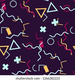 Seamless Memphis Pattern. Abstract Colorful Texture with Lines and Geometric Figures for Print, Cloth, Textile. Trendy Seamless Multicolor Background in Memphis Style for your Design. Vector.