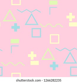 Seamless Memphis Pattern. Abstract Colorful Texture with Lines and Geometric Figures for Dress, Curtain, Paper. Vintage Seamless Multicolor Background in Memphis Style for your Design. Vector.