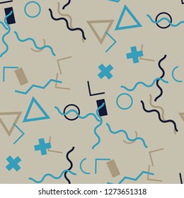 Seamless Memphis Pattern. Abstract Colorful Texture with Lines and Geometric Figures for Wallpaper, Print, Cotton. Retro Seamless Multicolor Background in Memphis Style for your Design. Vector.