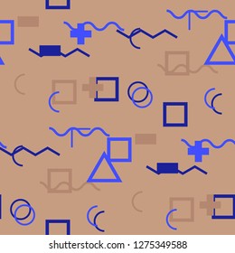 Seamless Memphis Pattern. Abstract Colorful Texture with Lines and Geometric Figures for Print, Fabric, Textile.  Retro Seamless Multicolor Background in Memphis Style for your Design. Vector.
