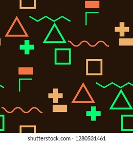 Seamless Memphis Pattern. Abstract Colorful Texture with Lines and Geometric Figures for Dress, Paper, Tablecloth. Vintage Seamless Multicolor Background in Memphis Style for your Design. Vector.