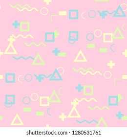 Seamless Memphis Pattern. Abstract Colorful Texture with Lines and Geometric Figures for Print, Fabric, Textile. Vintage Seamless Multicolor Background in Memphis Style for your Design. Vector.