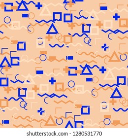 Seamless Memphis Pattern. Abstract Colorful Texture with Lines and Geometric Figures for Linen, Paper, Tablecloth. Trendy Seamless Multicolor Background in Memphis Style for your Design. Vector.