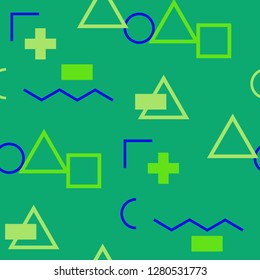 Seamless Memphis Pattern. Abstract Colorful Texture with Lines and Geometric Figures for Print, Fabric, Textile.  Vintage Seamless Multicolor Background in Memphis Style for your Design. Vector.