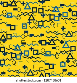 Seamless Memphis Pattern. Abstract Colorful Texture with Lines and Geometric Figures for Wallpaper, Fabric, Textile. Retro Seamless Multicolor Background in Memphis Style for your Design. Vector.