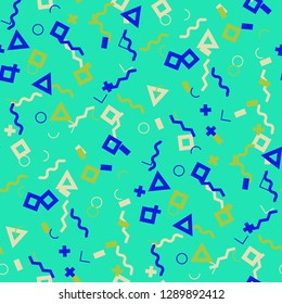 Seamless Memphis Pattern. Abstract Colorful Texture with Lines and Geometric Figures for Linen, Paper, Tablecloth. Retro Seamless Multicolor Background in Memphis Style for your Design. Vector.