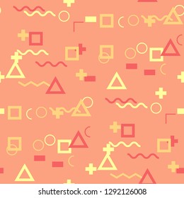 Seamless Memphis Pattern. Abstract Colorful Texture with Lines and Geometric Figures for Wallpaper, Print, Cotton. Trendy Seamless Multicolor Background in Memphis Style for your Design. Vector.